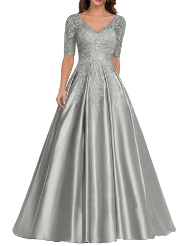 JIIL Mutter der Braut Kleid - Lang Spitzen Applikationen Formell Hochzeit Partykleid für Gast Große Größen Silber 48 von JIIL