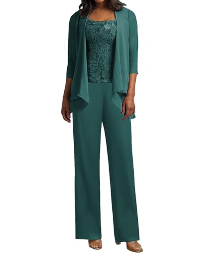 JIIL 3 Teilig Hosenanzug Damen - Spitze Mutter der Braut Kleid Set Hochzeit Gast Hosen Set Pfau 40 von JIIL