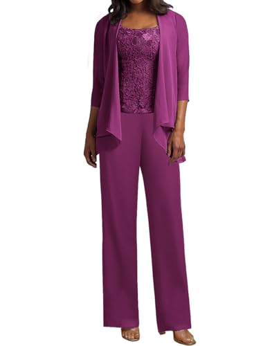 JIIL 3 Teilig Hosenanzug Damen - Spitze Mutter der Braut Kleid Set Hochzeit Gast Hosen Set Orchidee 40 von JIIL