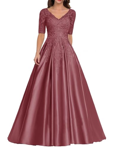 JIIL Mutterkleid Lang mit Ärmel - Elegant Spitze Abendkleid für Hochzeit Damen A-Linie Große Größen Festkleid Himbeere 40 von JIIL