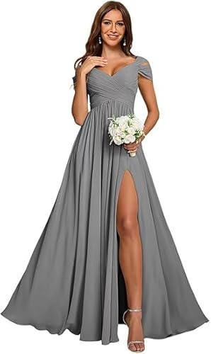 JIIL Prom Dress,Damen Off Shoulder Chiffon Brautjungfernkleider Lang - Formeller A-Linie V-Ausschnitt Lang Abendkleider Elegant Hochzeit Schlitz Grau 40 von JIIL