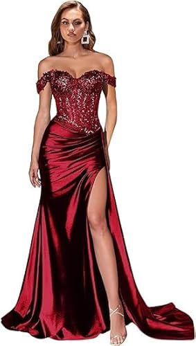 JIIL Prom Dress,Damen Schulterfreies Abendkleider Glitzer Lang Satin Meerjungfrau Falte Brautjungfernkleid Formeller Hochzeit Kleid Leichte Burgunder A 36 von JIIL