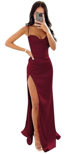 JIIL Satin Lang Abendkleid Neckholder - Ärmellos Formell Abiballkleid mit Schlitz Meerjungfrau Glitzer Hochzeitskleid Weinrot 38 von JIIL