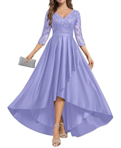 JIIL Satin Mutterkleid Lang mit Ärmel - Spitze Abendkleid für Hochzeit Damen A-Linie Große Größen Festkleid Lavendel 40 von JIIL