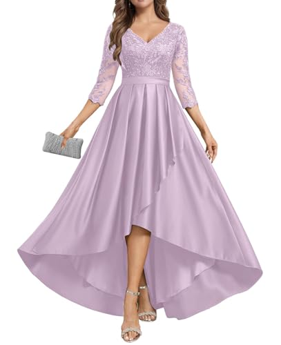 JIIL Satin Mutterkleid Lang mit Ärmel - Spitze Abendkleid für Hochzeit Damen A-Linie Große Größen Festkleid Lila 40 von JIIL