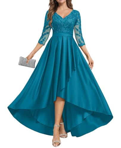 JIIL Satin Mutterkleid Lang mit Ärmel - Spitze Abendkleid für Hochzeit Damen A-Linie Große Größen Festkleid Pfau 40 von JIIL