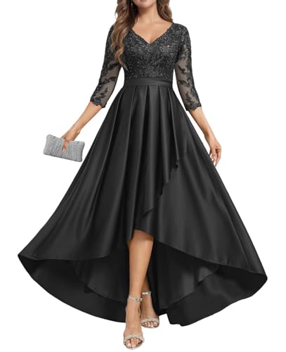 JIIL Satin Mutterkleid Lang mit Ärmel - Spitze Abendkleid für Hochzeit Damen A-Linie Große Größen Festkleid Schwarz 40 von JIIL