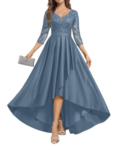 JIIL Satin Mutterkleid Lang mit Ärmel - Spitze Abendkleid für Hochzeit Damen A-Linie Große Größen Festkleid Staubige Blau 40 von JIIL