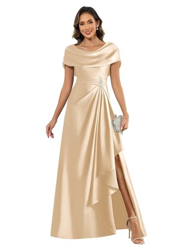JIIL Satinkleid Damen,Damen Satin Brautmutterkleider Lang Hochzeit Elegant Cape Sleeve Mutter Der Braut Kleid Formelles Partykleid Mit Schlitz Sekt 38 von JIIL