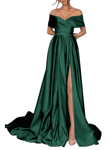 JIIL Schulterfrei Abendkleid Lang - Damen Satin Ballkleider mit Schlitz Elegant Schulballkleid Smaragdgrün 40 von JIIL