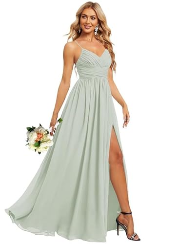 JIIL Spaghettiträger Abendkleider Elegant für Hochzeit V-Ausschnitt Chiffon Brautjungfernkleider Lang mit Schlitz Grün Grau 44 von JIIL