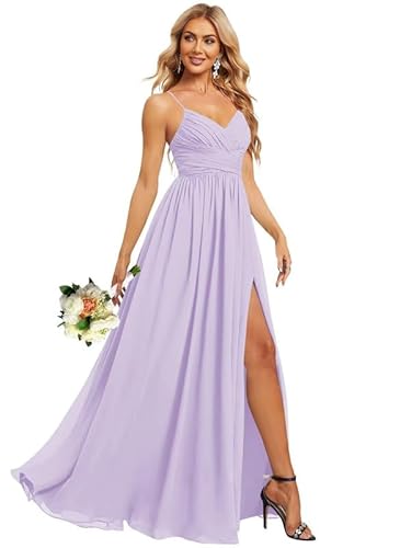 JIIL Spaghettiträger Abendkleider Elegant für Hochzeit V-Ausschnitt Chiffon Brautjungfernkleider Lang mit Schlitz Lila 32 von JIIL
