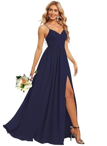 JIIL Spaghettiträger Abendkleider Elegant für Hochzeit V-Ausschnitt Chiffon Brautjungfernkleider Lang mit Schlitz Navy Blau 52 von JIIL