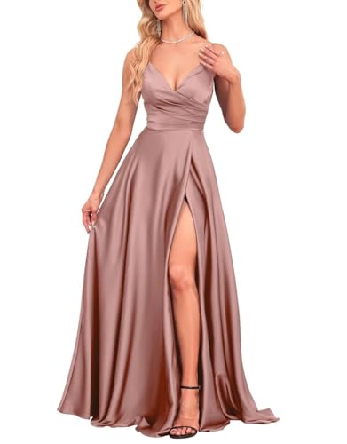 JIIL Spaghettiträger Satin Abendkleid Lang - Damen V-Ausschnitt Brautjungfernkleider A-Linie Ballkleid mit Schlitz Smaragdgrün 36 JIIL Spaghettiträger Satin Abendkleid Lang - Damen V-Ausschnitt Brautjungfernkleider A-Linie Ballkleid mit Schlitz Smaragdgrün 36 von JIIL