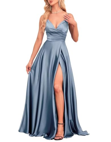 JIIL Spaghettiträger Satin Abendkleid Lang - Damen V-Ausschnitt Brautjungfernkleider A-Linie Ballkleid mit Schlitz Staubiges Blau 38 von JIIL