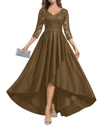 JIIL Spitze Brautmutter Kleid Lang - Satin A-Linie Elegant Hochzeit Gast Kleid mit Ärmel V-Ausschnitt Ballkleid Braun 36 von JIIL