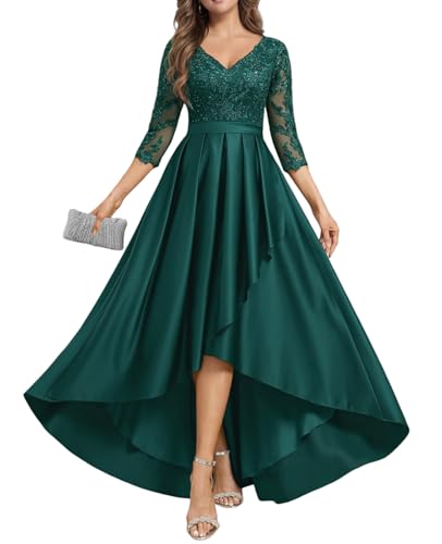 JIIL Spitze Brautmutter Kleid Lang - Satin A-Linie Elegant Hochzeit Gast Kleid mit Ärmel V-Ausschnitt Ballkleid Dunkelgrün 50 von JIIL