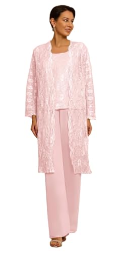 JIIL Spitze Hosenanzug Damen Festlich Elegant 3 Stück Mutter der Braut Hosenanzüge mit Jacke Lang Ärmel Blush 52 von JIIL