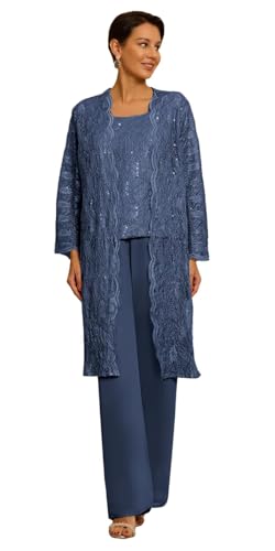 JIIL Spitze Hosenanzug Damen Festlich Elegant 3 Stück Mutter der Braut Hosenanzüge mit Jacke Lang Ärmel Navy Blau 52 von JIIL
