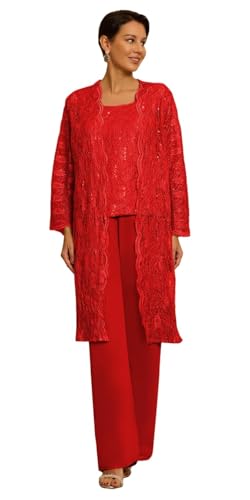 JIIL Spitze Hosenanzug Damen Festlich Elegant 3 Stück Mutter der Braut Hosenanzüge mit Jacke Lang Ärmel Rot 44 von JIIL