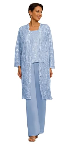 JIIL Spitze Hosenanzug Damen Festlich Elegant 3 Stück Mutter der Braut Hosenanzüge mit Jacke Lang Ärmel Staubiges Blau 44 von JIIL