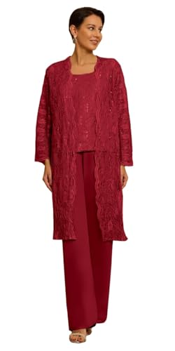 JIIL Spitze Hosenanzug Damen Festlich Elegant 3 Stück Mutter der Braut Hosenanzüge mit Jacke Lang Ärmel Weinrot 48 von JIIL