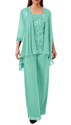JIIL Spitze Hosenanzug Damen Festlich Hochzeit - Große Größe 3 Stück Mutter der Braut Hosenanzüge mit Jacke Aqua Blau 50 von JIIL