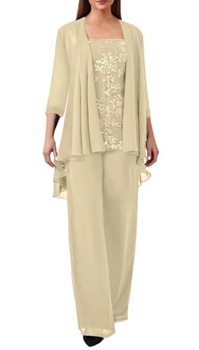 JIIL Spitze Hosenanzug Damen Festlich Hochzeit - Große Größe 3 Stück Mutter der Braut Hosenanzüge mit Jacke Champagner 52 von JIIL