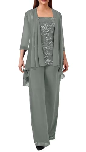 JIIL Spitze Hosenanzug Damen Festlich Hochzeit - Große Größe 3 Stück Mutter der Braut Hosenanzüge mit Jacke Grau 50 von JIIL