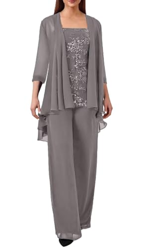 JIIL Spitze Hosenanzug Damen Festlich Hochzeit - Große Größe 3 Stück Mutter der Braut Hosenanzüge mit Jacke Hellgrau 52 JIIL Spitze Hosenanzug Damen Festlich Hochzeit - Große Größe 3 Stück Mutter der Braut Hosenanzüge mit Jacke Hellgrau 52 von JIIL