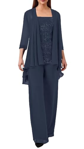 JIIL Spitze Hosenanzug Damen Festlich Hochzeit - Große Größe 3 Stück Mutter der Braut Hosenanzüge mit Jacke Navy Blau 48 von JIIL
