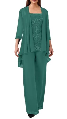 JIIL Spitze Hosenanzug Damen Festlich Hochzeit - Große Größe 3 Stück Mutter der Braut Hosenanzüge mit Jacke Pfau 46 von JIIL
