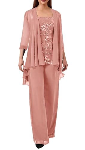 JIIL Spitze Hosenanzug Damen Festlich Hochzeit - Große Größe 3 Stück Mutter der Braut Hosenanzüge mit Jacke Pfirsich 44 von JIIL
