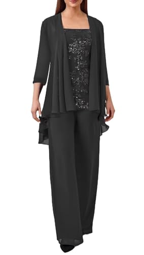 JIIL Spitze Hosenanzug Damen Festlich Hochzeit - Große Größe 3 Stück Mutter der Braut Hosenanzüge mit Jacke Schwarz 52 von JIIL