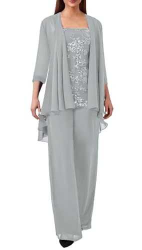 JIIL Spitze Hosenanzug Damen Festlich Hochzeit - Große Größe 3 Stück Mutter der Braut Hosenanzüge mit Jacke Silbergrau 44 von JIIL