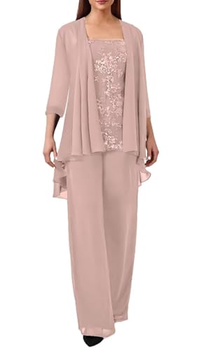 JIIL Spitze Hosenanzug Damen Festlich Hochzeit - Große Größe 3 Stück Mutter der Braut Hosenanzüge mit Jacke Staubige Rose 48 von JIIL