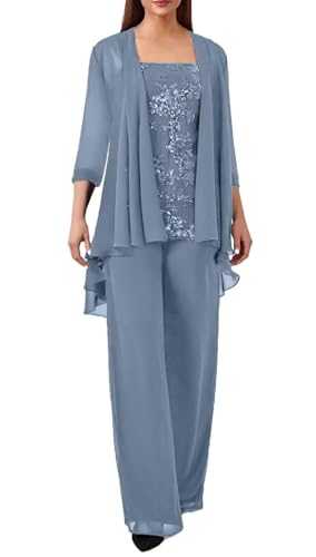 JIIL Spitze Hosenanzug Damen Festlich Hochzeit - Große Größe 3 Stück Mutter der Braut Hosenanzüge mit Jacke Staubiges Blau 52 von JIIL