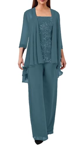 JIIL Spitze Hosenanzug Damen Festlich Hochzeit - Große Größe 3 Stück Mutter der Braut Hosenanzüge mit Jacke Teal 48 von JIIL