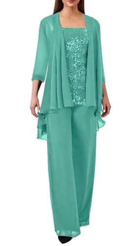 JIIL Spitze Hosenanzug Damen Festlich Hochzeit - Große Größe 3 Stück Mutter der Braut Hosenanzüge mit Jacke Türkis 44 von JIIL