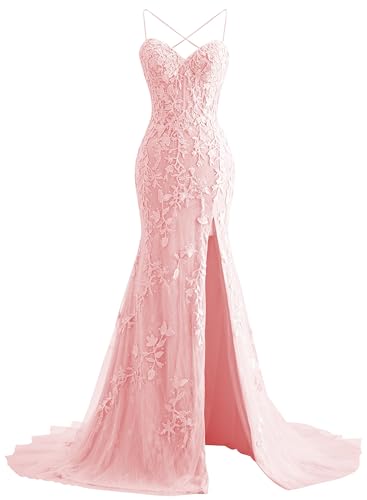 JIIL Spitze Meerjungfrau Abendkleider Lang - Tüll Spaghetti-Träger Ballkleider mit Schlitz Damen Schulballkleid Rosa 32 von JIIL