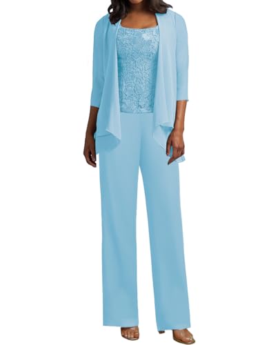 JIIL 3 Teilig Hosenanzug Damen - Spitze Mutter der Braut Kleid Set Hochzeit Gast Hosen Set Blau 38 von JIIL