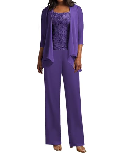JIIL 3 Teilig Hosenanzug Damen - Spitze Mutter der Braut Kleid Set Hochzeit Gast Hosen Set Blaurot 52 von JIIL
