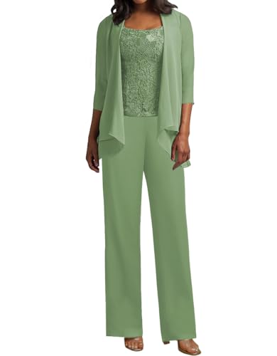 JIIL 3 Teilig Hosenanzug Damen - Spitze Mutter der Braut Kleid Set Hochzeit Gast Hosen Set Grasgrün 38 von JIIL