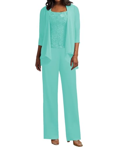 JIIL 3 Teilig Hosenanzug Damen - Spitze Mutter der Braut Kleid Set Hochzeit Gast Hosen Set Türkis 38 von JIIL