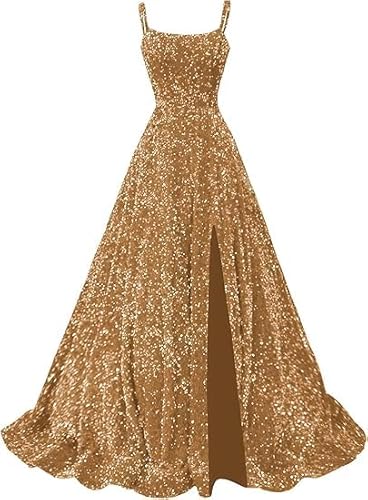 JIIL Wedding Guest Dress,Damen Abendkleider Glitzer Lang Spaghettiträgern Sparkly Formelle Abiballkleider Mit Schlitz Festliche Kleider Gold 34 von JIIL