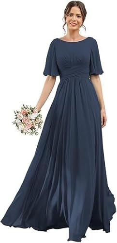 JIIL Wedding Guest Dress,Damen Brautjungfernkleider Lang Chiffon Flutter Sleeve Abendkleid A-Line Hochzeit Festlich Ballkleider Partykleid Mit Taschen Marine 40 von JIIL