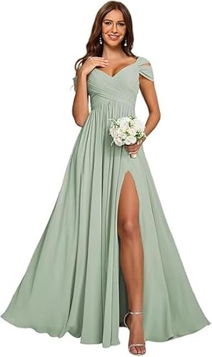 JIIL Wedding Guest Dress,Damen Off Shoulder Chiffon Brautjungfernkleider Lang - Formeller A-Linie V-Ausschnitt Lang Abendkleider Elegant Hochzeit Schlitz Salbei Grün B 32 von JIIL