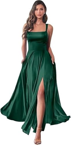 JIIL Wickelkleider Brautjungfern,Damen Rüsche Spaghettiträger Satin Brautjungfernkleider - A-Linie Formeller Abendkleider Ballkleider Rückenfrei Partykleider Mit Schlitz Dunkelgrün A 46 von JIIL