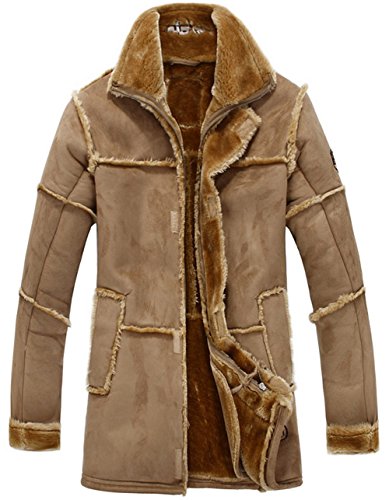 JIINN Herren Männer klassische Vintage Winter dicke warm Wildleder Schaffell Jacke Faux Pelz Leder Overcoat Parka Wildleder Schafspelz Jacket lange Mantel (EU/DE Large, DE1601 Khaki) von JIINN