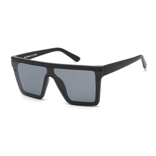 JIM HALO Flat Top Shield Sonnenbrille Square Mirror Randlose Brille für Frauen Männer (Mattschwarzer Rahmen/Graue Linse) von JIM HALO